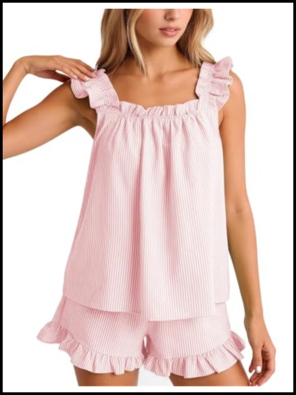 Striped Cotton Pajama Set Ruffle Cami Top Shorts Lounge Sleepwear